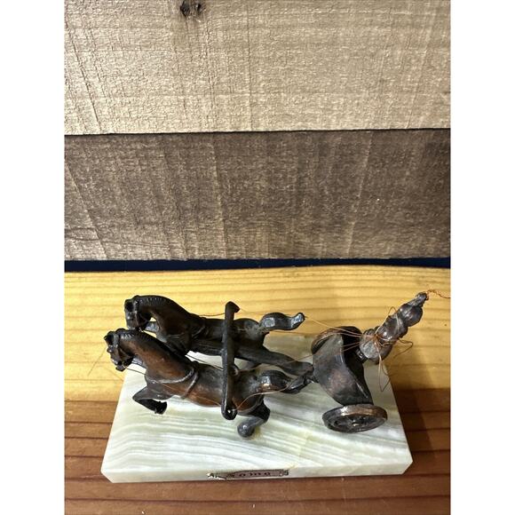 Vintage Gladiator Roman Warrior With Chariot And Horses Copper Metal On Marble - Picture 2 of 10